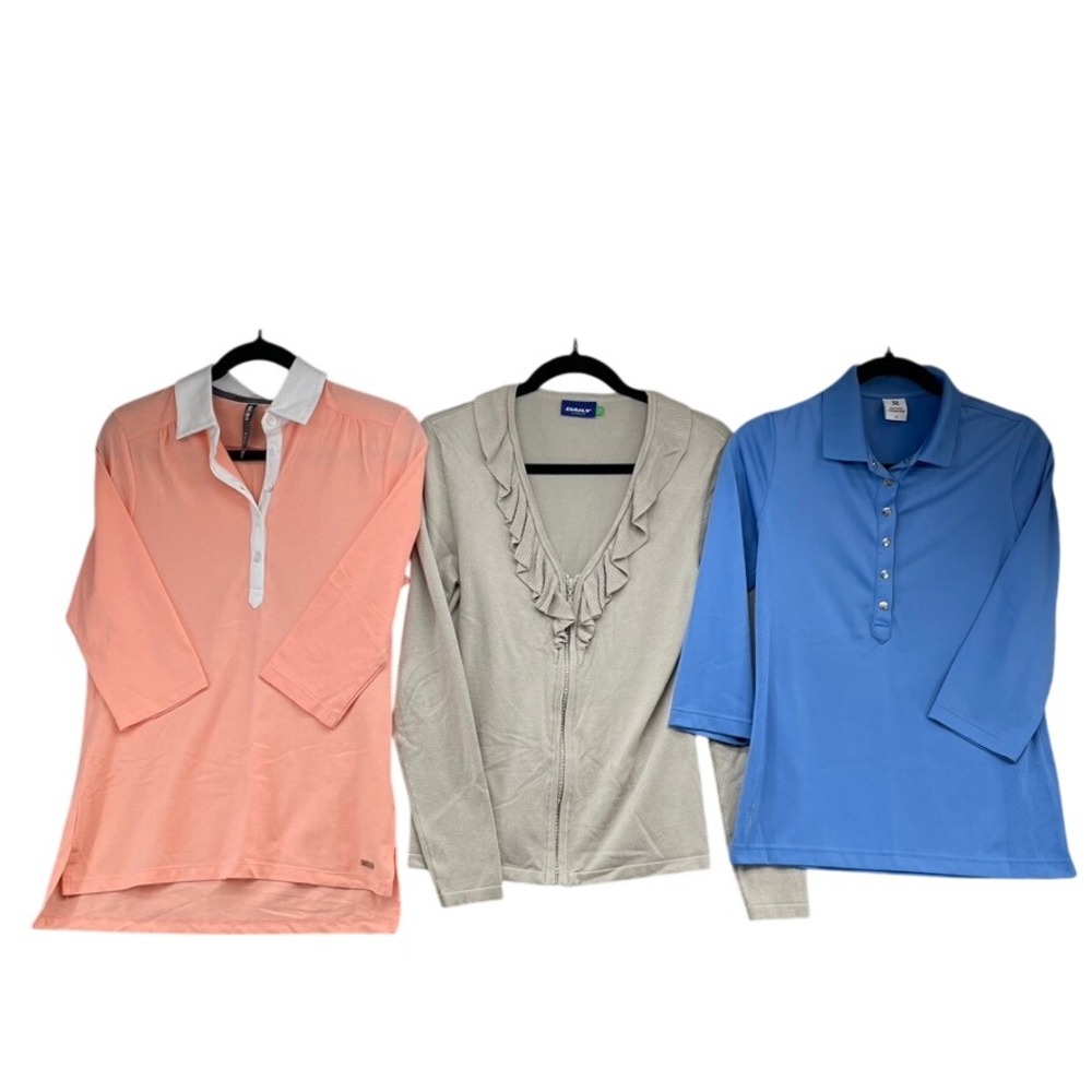 Daily Sports Lija Golf Tops Bundle Womens Small S Blue Peach Tan Cardigan Polo